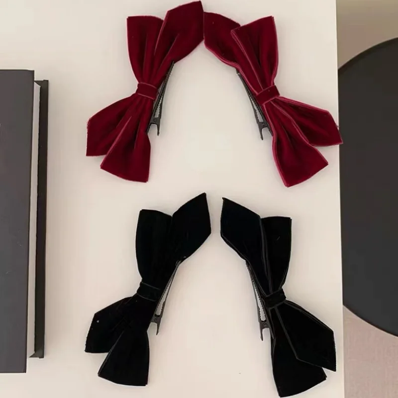 Korean Version of Coral Velvet Bow Hairpin Two-piece School Party Elegant Duckbill Clip Women\'s Fashion Hair Accessories Set