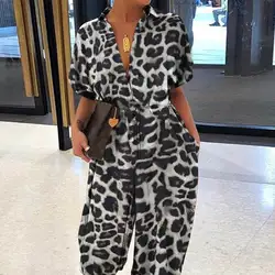 Women's Long Jumpsuit New Leopard Print Jumpsuit Women's Retro Women's Short-sleeved Button Casual Loose Long Pants Jumpsuit