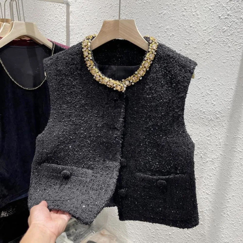 Elegant Diamond-studded Neckline Small Fragrance Vest 2025 New Femme Tweed Sleeveless Vintage Casual Waistcoat  Trendy Basic Top