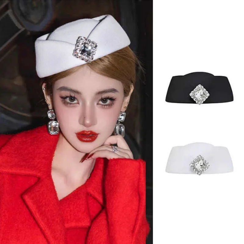 British style hat women woolen big head flight attendant hat high-end feeling diamond inlaid felt hat small top hat 4m605