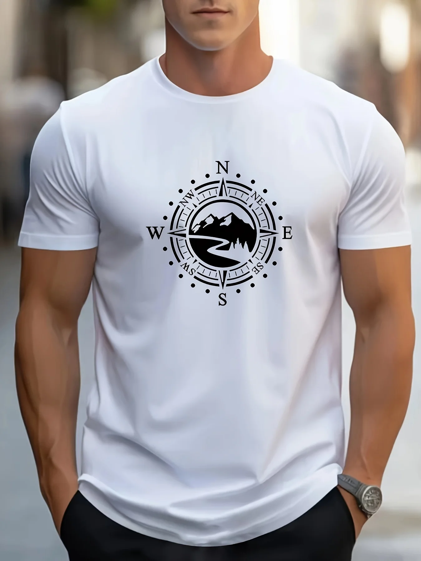 Summer Men's Casual Loose Large Compass Pattern Printed Sports Comfortable Round Neck Short Sleeve T-shirt Top