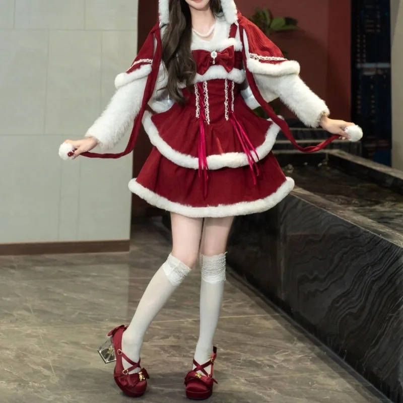 فستان لوليتا الحلو للسيدات لعيد الميلاد أزياء تنكرية يابانية كاواي لعيد الميلاد فساتين Jsk باللون الأحمر بدلة كيب لملابس الحفلات #2