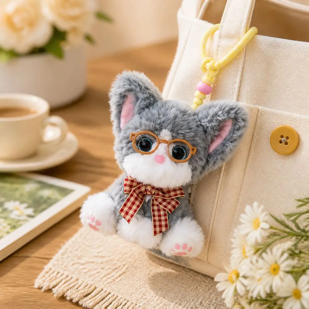 Soft Fabric Cat Keychain Cute Cat Shape Hanging Loop Stuffed Cat Embroidered Details Decorative Outfit Bag Decoration