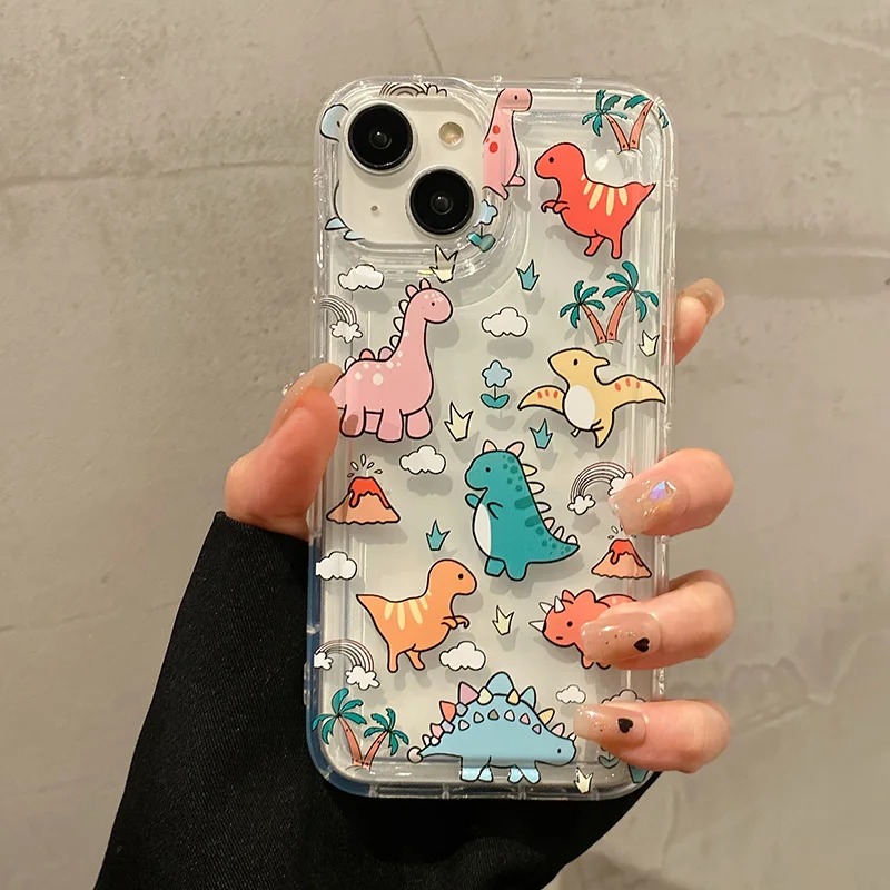 Cute Dinosaur Phone Case For iPhone 16 Case iPhone 15 Pro 13 11 12 14 Pro Max XR XS X 7 8 Plus SE2 Airbag Cartoon Animals Cover