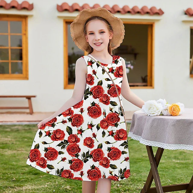 Girls' Casual Dress A Line Dress Tank Dress Sleeveless Floral Rose 3D Print Polyester Dresses Cute Casual Sweet Above Knee