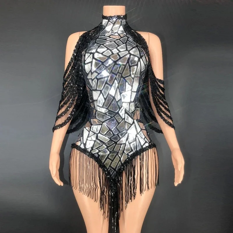 Parkly Sequins Leotard Bling Sexy Dance Fringes body suit Birthday OutFit Singer Stage Wear