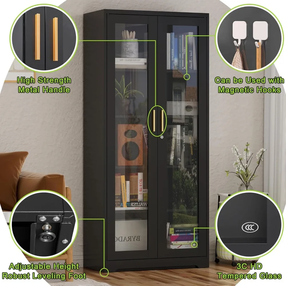 Высокая металлическая витрина со стеклянными дверцами, безопасный шкаф Curio для домашнего декора, 71, высокая витрина для кухни или гостиной