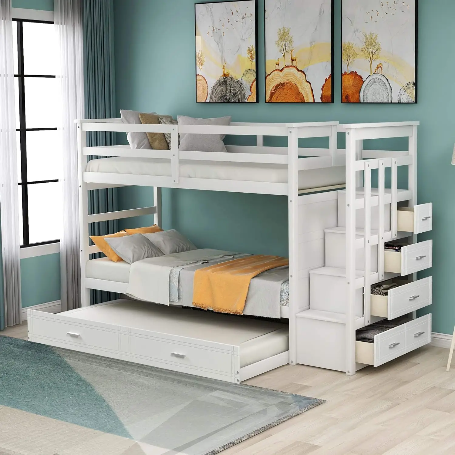 

Merax Hardwood Twin-Over-Twin Bunk Bed with Trundle and Staircase, Trundle Bunk Bed with 4 Storage Drawers (White)