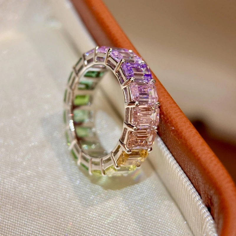 Cameo Rainbow EmeraldCut Cubic Zirconia Eternity Band Ring for Women 925 Silver Plated Colorful Full Stackable Finger Rings 