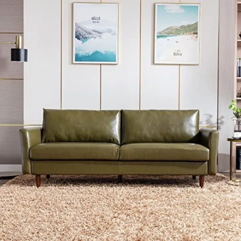 

80'' Faux Leather Sofa Couch, Mid-Century Modern Sofa with Solid Wooden Frame & Padded Cushions, 3-Seater Couch