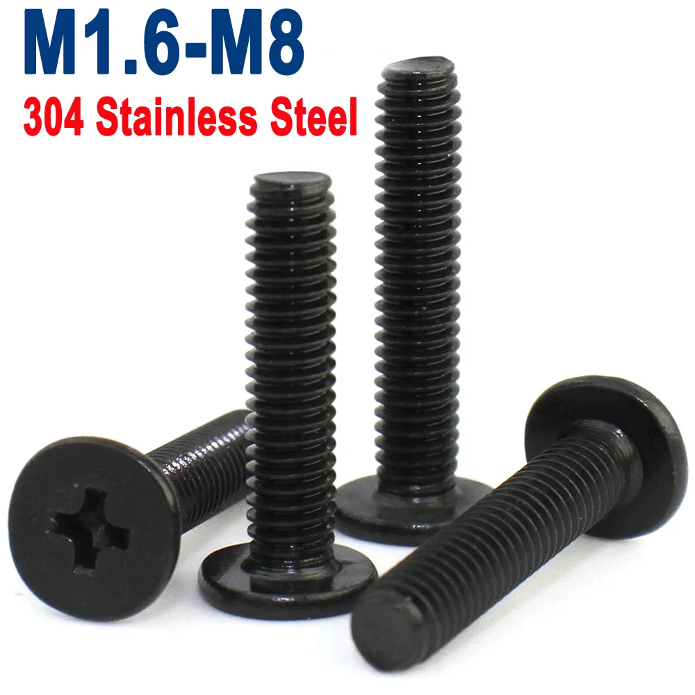 10-50 قطعة M1.6 M2 M2.5 M3 M4 M5 M6 أسود 304 الفولاذ المقاوم للصدأ الصليب فيليبس رقيقة جدا شقة رقاقة رئيس المسمار لأجهزة الكمبيوتر المحمول L:2-40 مللي متر