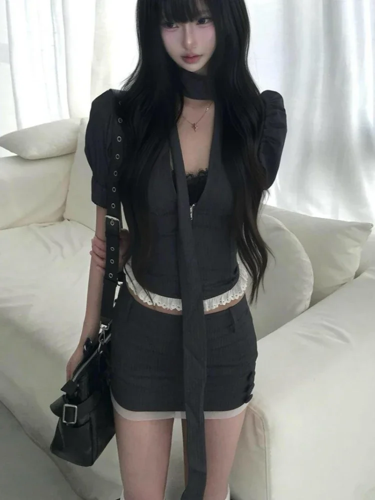 IMU Korean Vintage Y2K 2 Piece Set Women Puff Sleeve Pinstripe Lace Trim Crop Top High Waist Mini Skirt Slim Fit Party Outfits 2