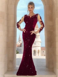 Romagic O cuello manga larga con flores lentejuelas vestido de fiesta de noche mujeres elegantes Sexy espalda descubierta vestidos formales de graduación