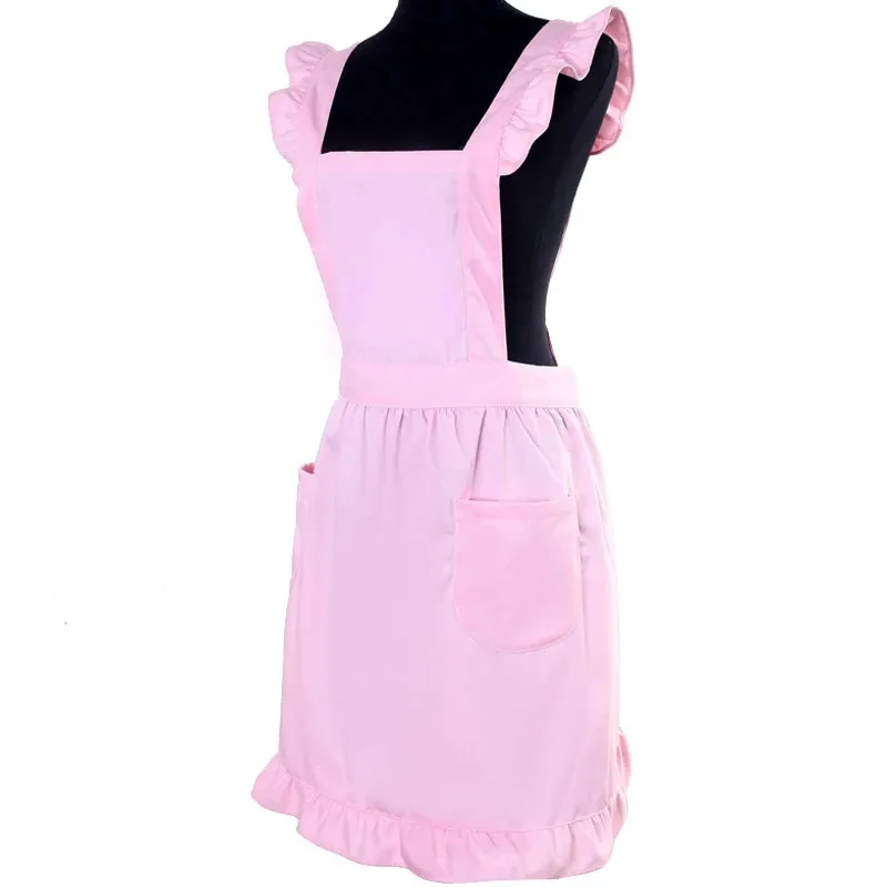 Japanese Style Women Elegant Victorian Pinafore Apron Maid Lace Smock Costume Ruffle Pockets White/Pink