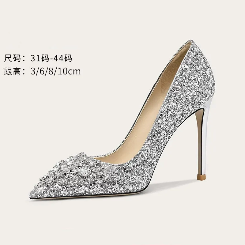 Spring and summer new pointed rhinestone sequin wedding shoes thin high heels banquet dress large and small women's single shoes