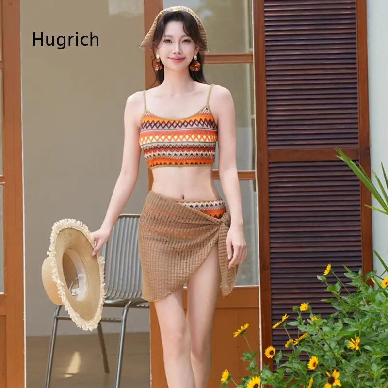 Women 3 Piece Boho Striped Bikini Set Spaghetti Strap Crop Top High Cut Bottom And Knit Wrap Cover Up Skirt For Summer Beach Poo