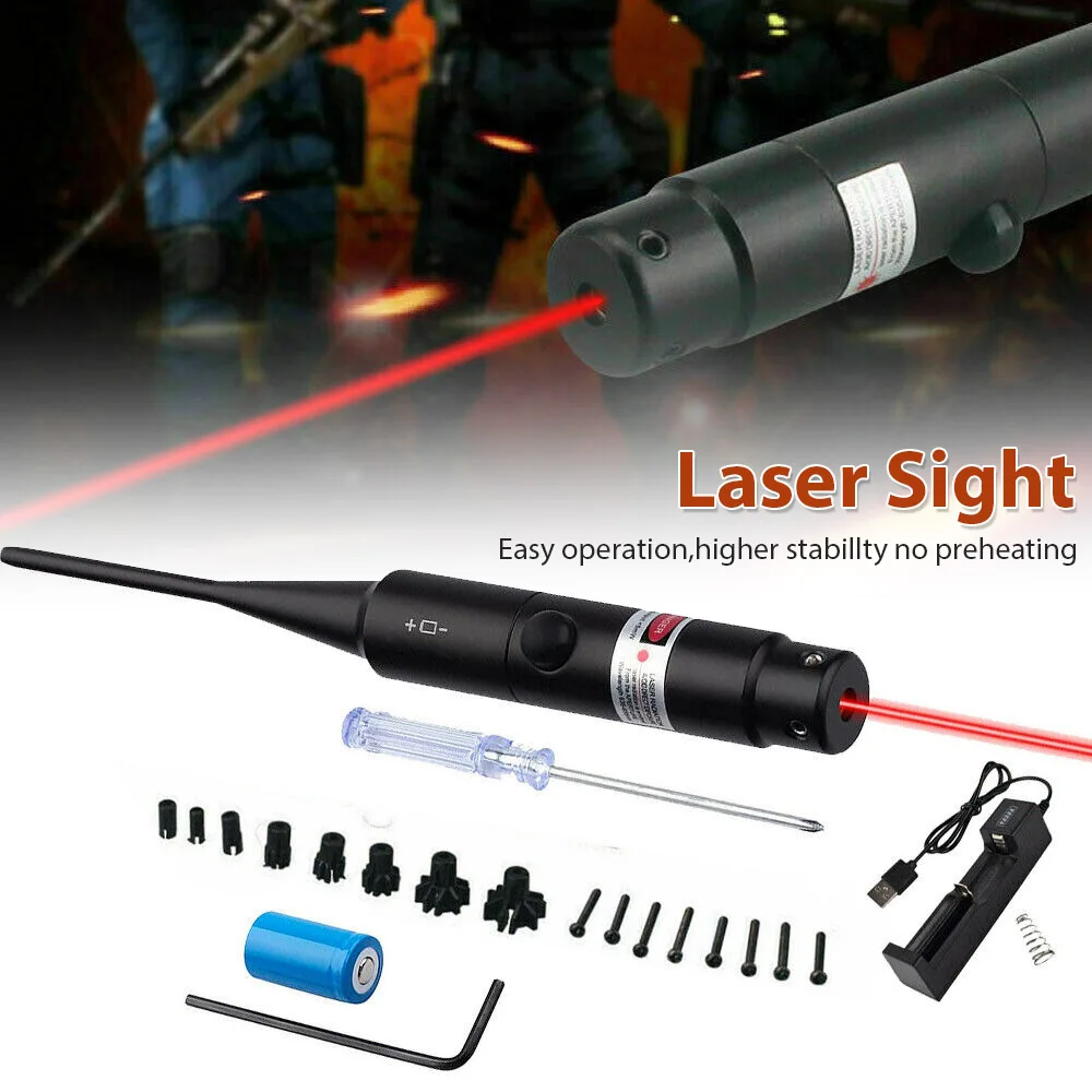 Red Laser Bore Sight Kit For.17 To 12GA Caliber Rifles & Pistols -With Big Button Switch, 16 Adapters And Arbors Included, Adjus