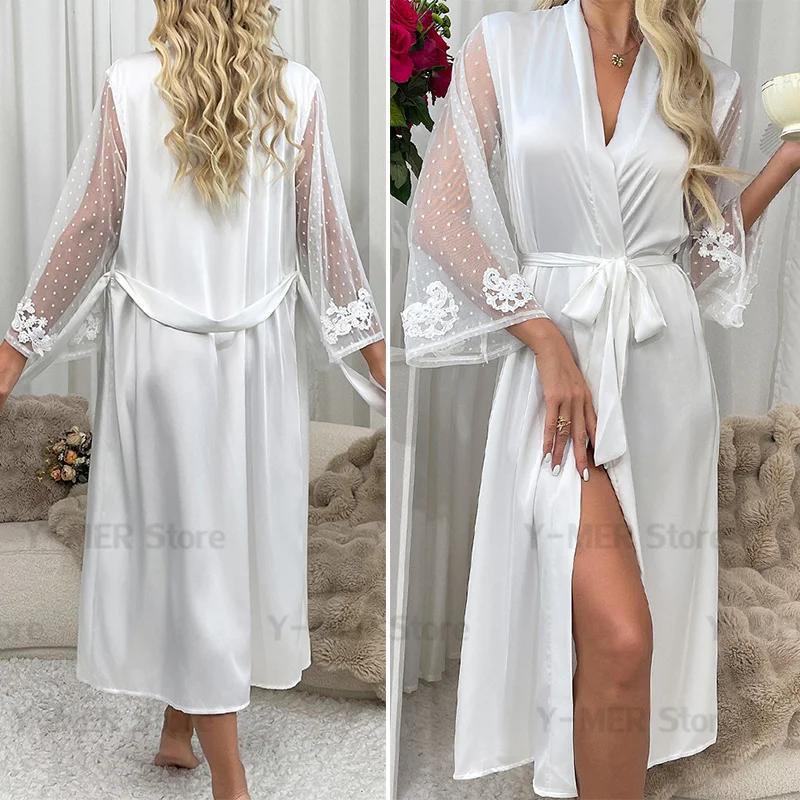 Sexy Sheer Mesh Sleeve Robe White Bride Wedding Kimono Satin Intimate Lingerie Long Sleepwear Female Spring New Bathrobe Gown