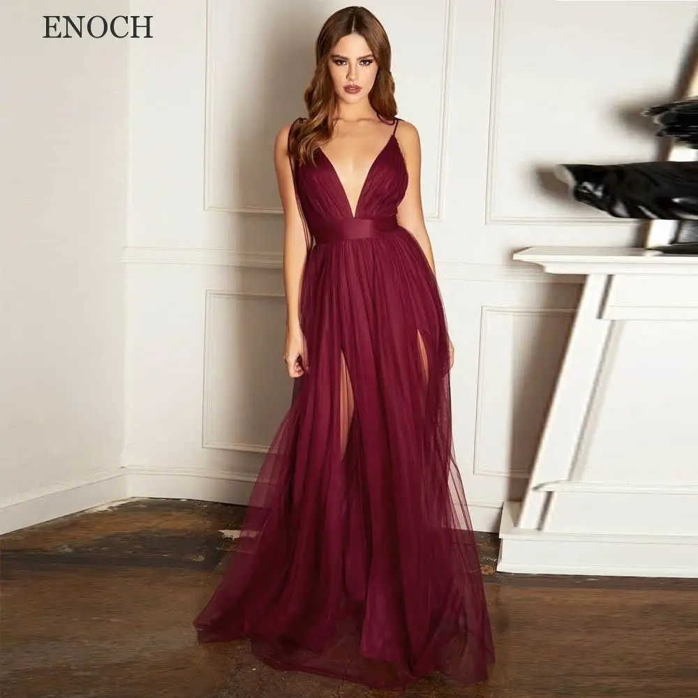 

ENOCH Fashion V-Neck Tulle Evening Dresses Sleeveless Beach Formal Gowns Spaghetti Straps Backless Vestidos De Gala Custom Made