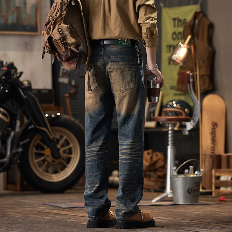 Retro Do the Old Cowboy Pants Męskie luźne proste Street Tide Brand Pu Handsome Natural Drape Mop Casual Modne spodnie