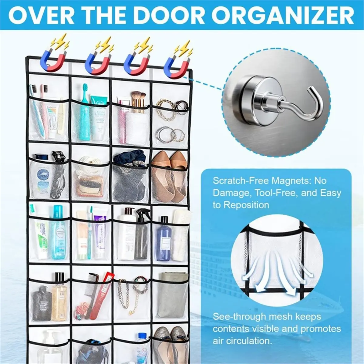 A1879K Over the Door Organizer for Cruise Ship 24 Pocket Magnetic Door Organizers with 4 Metal Hooks and 4 Strong Magnets Door S
