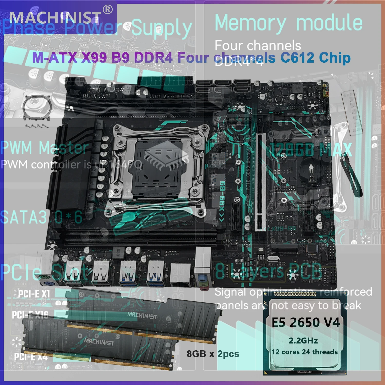 MACHINIST X99 B9 Gaming Motherboard Xeon E5 2650 V4 DDR4 16GB=8Gx2 RAM NVME M.2 X99/C612 Chip USB3.0