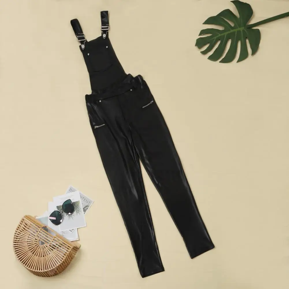 

Cool Jumpsuit Autumn Winter Backless High Waist Imitation Leather Jumpsuit Buckled Lady Suspender Jumpsuit for Travel