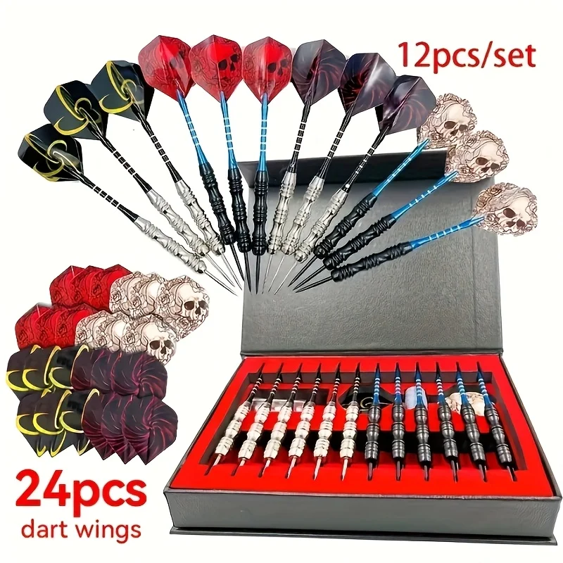 

12-Dart Deluxe Gift Set, includes 24 dart wings, iron-tipped aluminum alloy rod, skull dart wings for indoor club entertainment