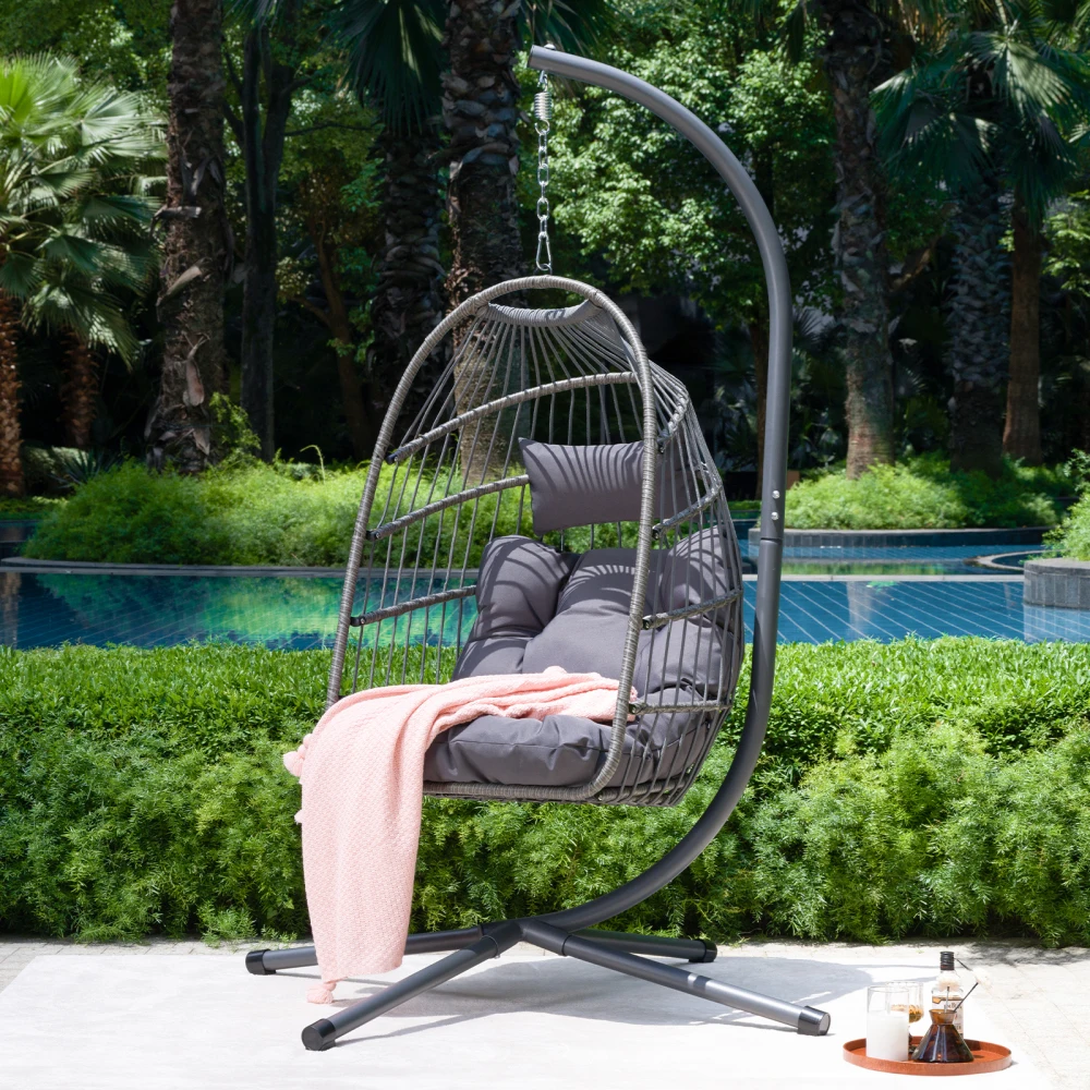 Outdoor Egg Hanging Chair with Stand,Patio Wicker Swing Egg Chair Indoor Swinging Chair Outdoor Hammock