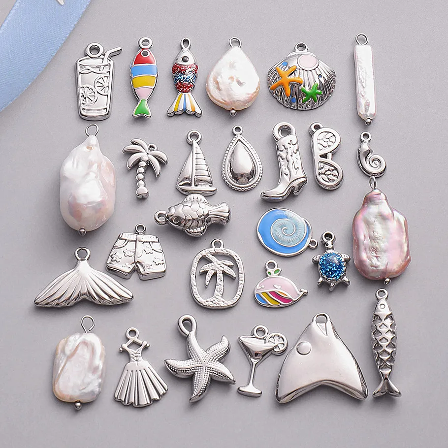 6pcs Steel Color Marine Animals Fish Conch Pendant Beach Accessories Stainless Steel Charms For Jewelry Making Keychain Material