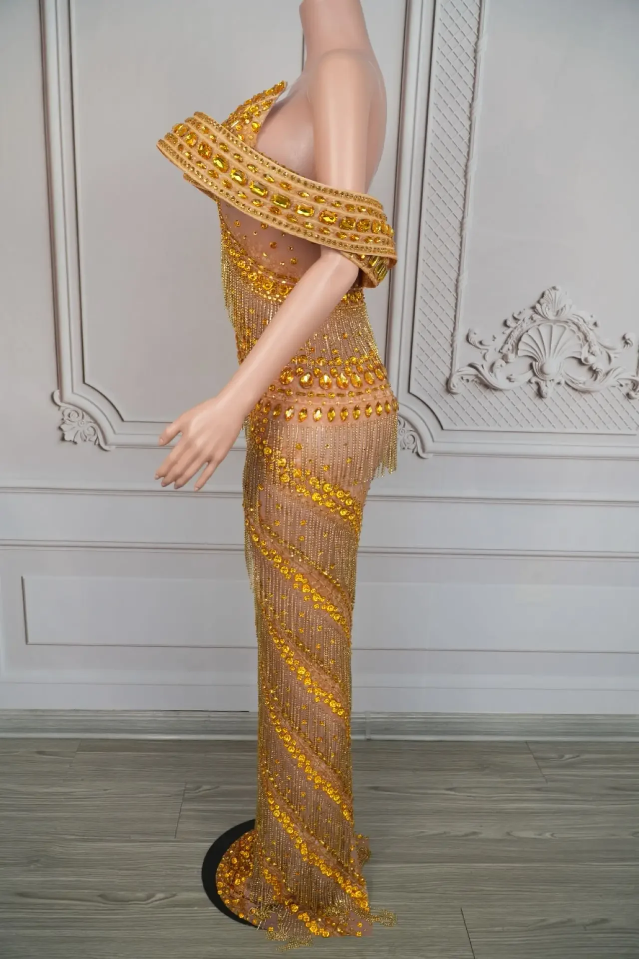 Glitter Gold Evening Dress Sexy Rhinestone Party Off Shoulder Chain Long Dress Gogo Clubwear Singer Stage Photoshoot Costume