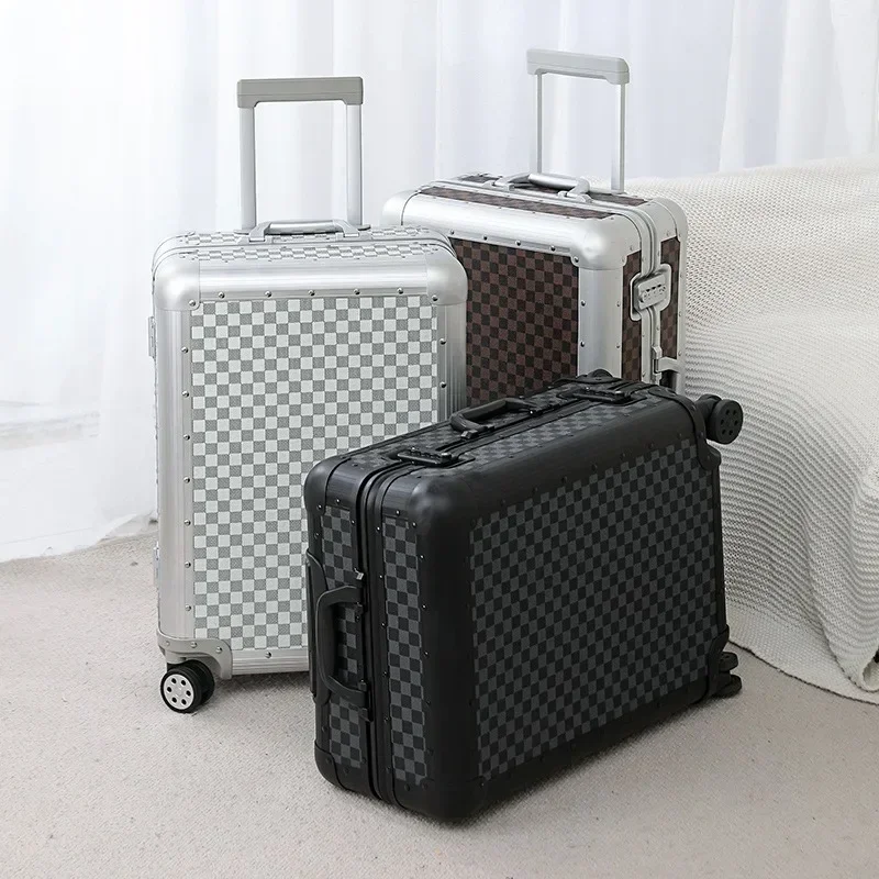 New Women's Rotating Retro Aluminum Frame Checkerboard Truss Luggage Travel Mute Cardan Wheel Suitcase