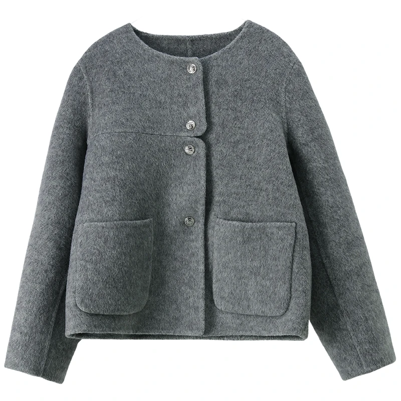 SENTUBILA Women's Wool Coat Double-Faced Wool Round Neck Long-sleeve Short Coats 2025 Winter Loose-Fit Lady Clothing W54OF8763