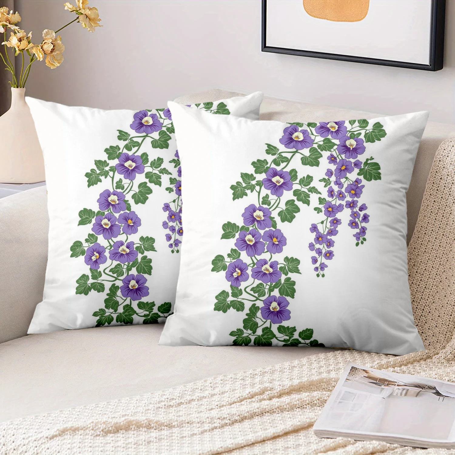 1 Pieces Purple Wisteria Floral Print Square Pillow Covers Pattern Cushion Cover Suitable for Sofa Bedroom Car Pillow Cover