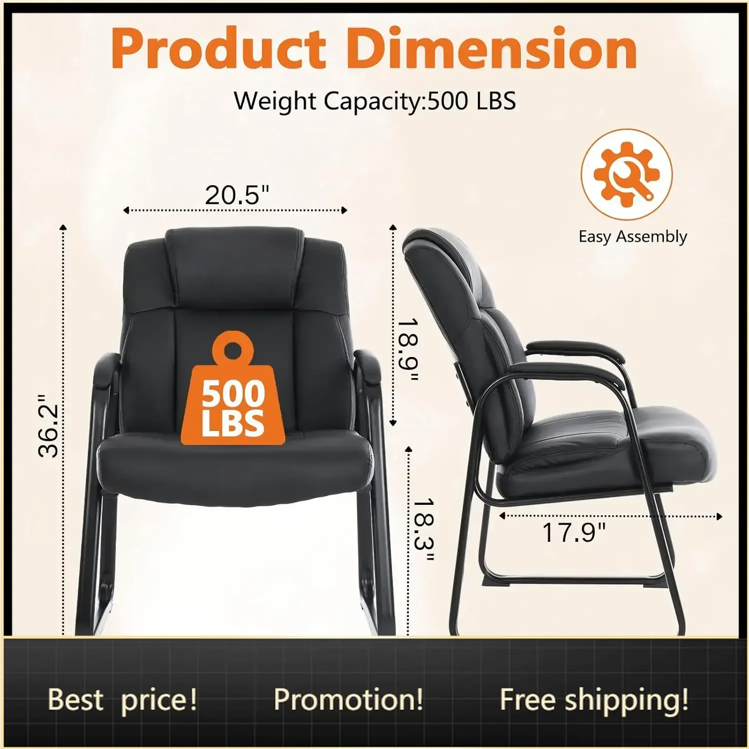 Big & Tall 500 lb. Guest Chair, Leather Reception Chairs with Sled Base and Padded Arm Rest for Waiting Room Office Home