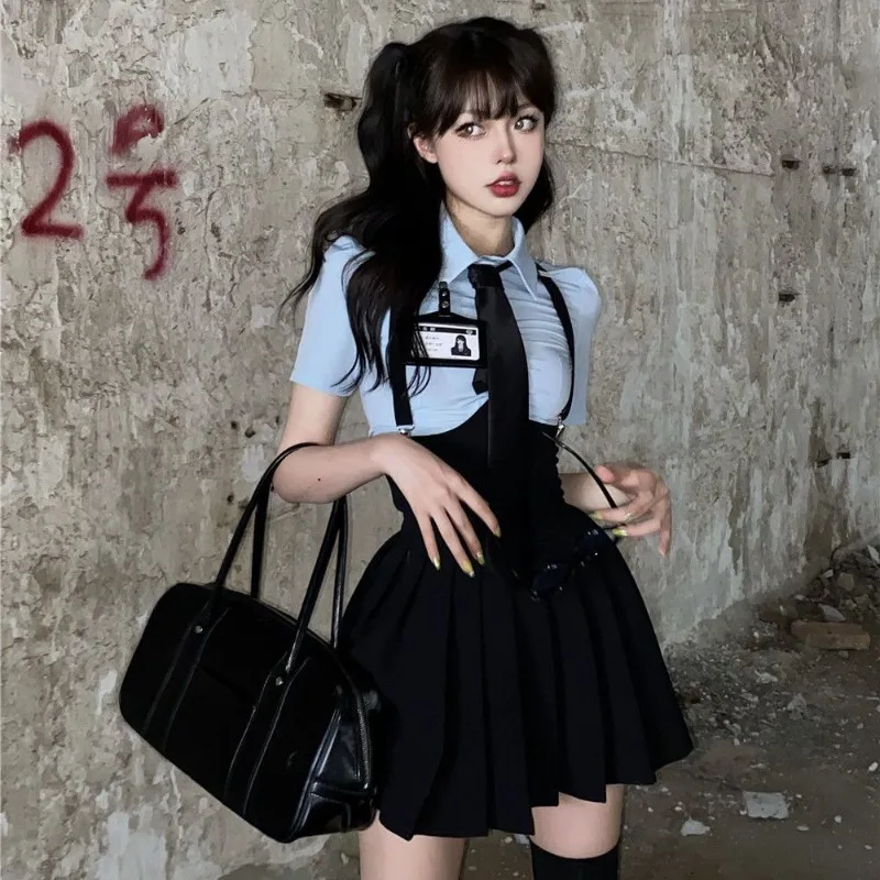 2024 Summer Sexy Short Sleeved Shirt Suspenders Pleated Skirt JK Uniform Female Vintage School Uniform Cheerleader Uniform