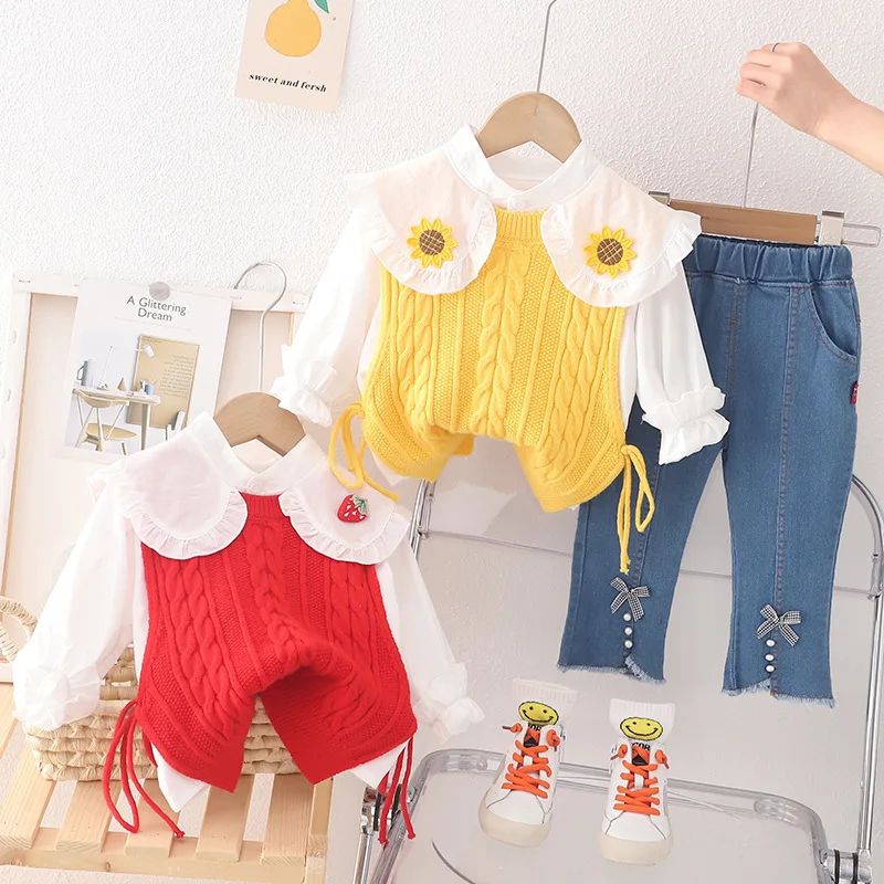 

Baby Girls Clothes Set 3pcs Toddler Tassel Knit Vest+White Shirt+Bow Trousers Princess Casual Outfits Princess Clothes