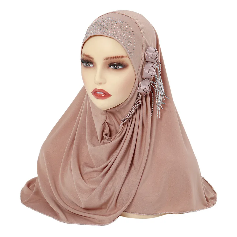 

Instant Hijab with Flowers One Piece Amira Solid Turban Caps for Muslim Women Islam Arab Headwraps Hats Ramadan Worship Bonnets