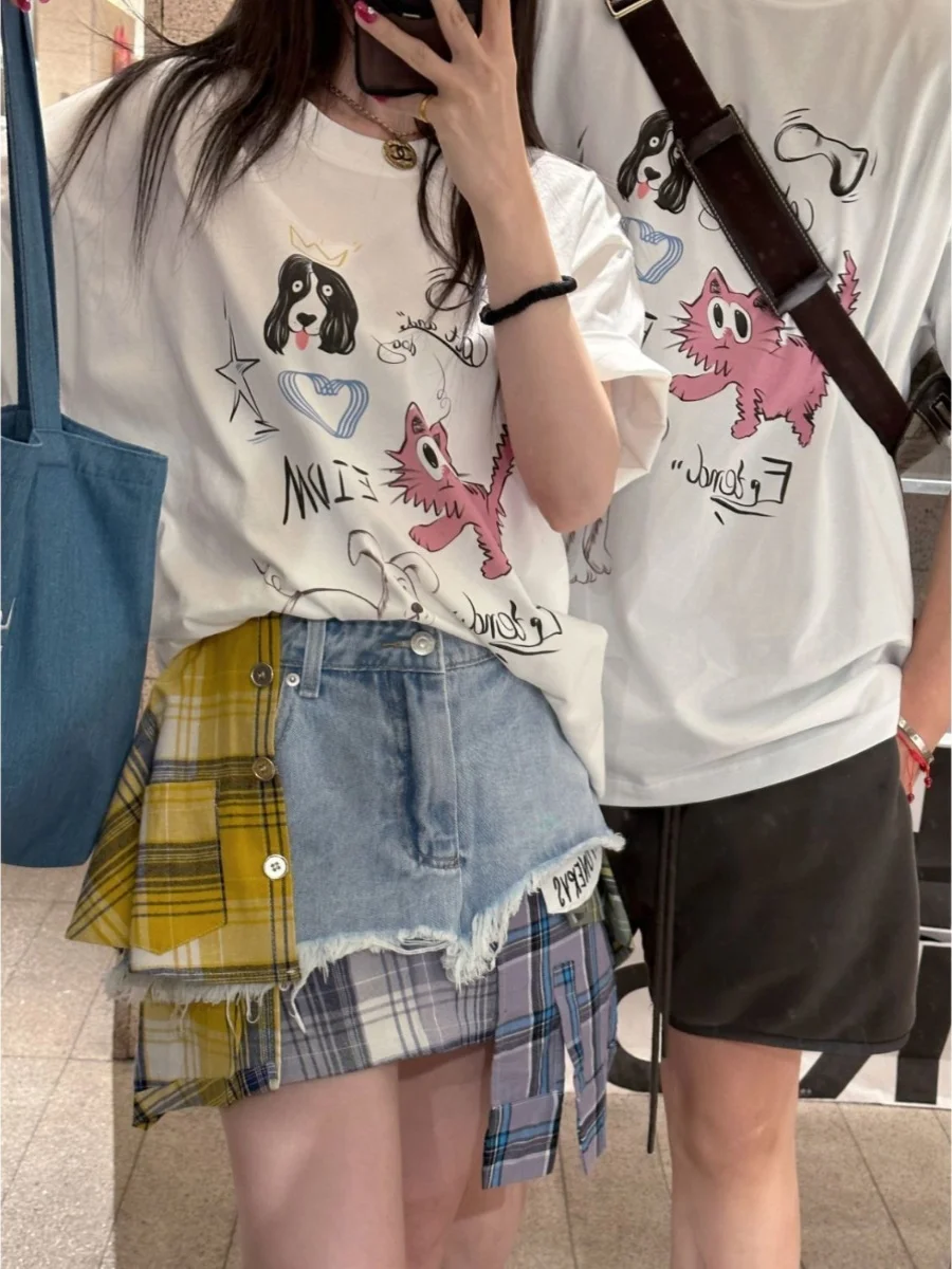 plus Size Asymmetrical Blue And Yellow Plaid Splicing Denim  Skirt for Women Summer New Design Sensation High Waist A-Lin...