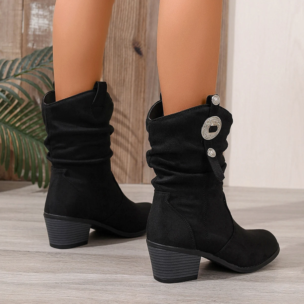 Silver Buckle One Foot Stirrup Fashion Comfortable Commuter College Vacation Western Party Women Mid Calf Boots Western Boots