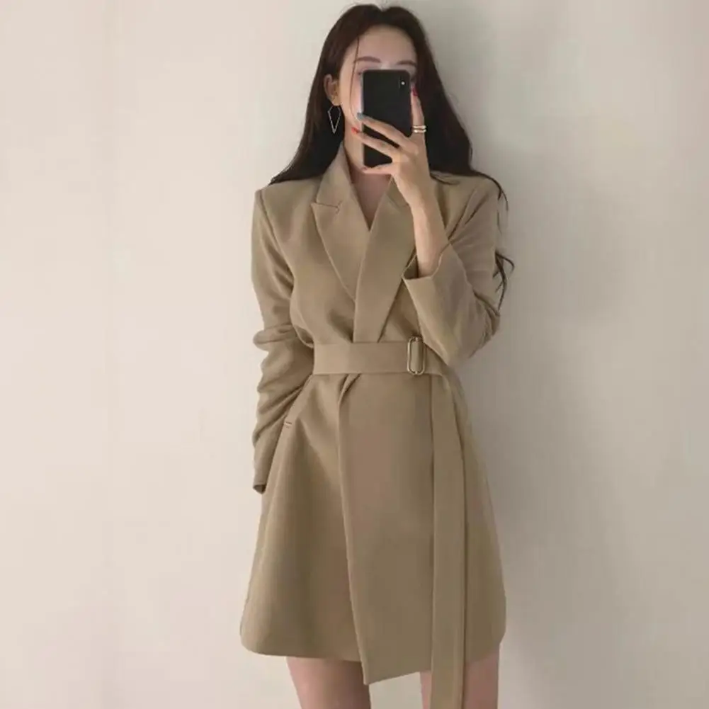 Women Suit Jacket Elegant Lapel Suit Coat for Women with Belt Long Sleeve Office Lady Outwear Solid Color Loose Fit for Women