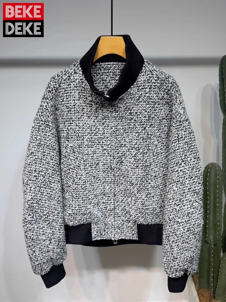 

Stand Collar Winter Warm Woolen Goose Down Coat Male Zipper Casual Long Sleeve Outerwear Loose Fit Fashion Mens Short Jacket