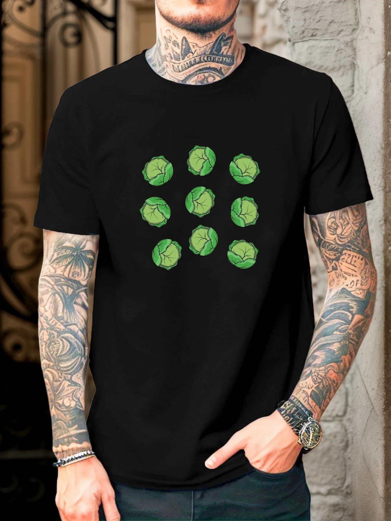 Fashion Mens Navy Basic Tee Nine Pieces Green Cabbage Grid Pattern Fresh Farm Veggie Simple Art Casual Short Sleeve Shirts