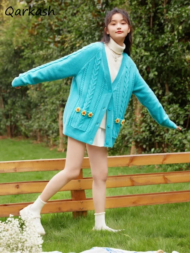 

Кардиган женский, однобортный, с карманами, вязаные свитера с длинными рукавами, трехмерное украшение, цветы, дизайн, нежный модный