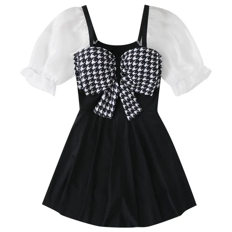 Traje de baño de una pieza con estampado de pata de gallo, traje de baño sexy, estilo coreano, con lazo, Manga corta abullonada, minivestido, culotte, bikini acolchado