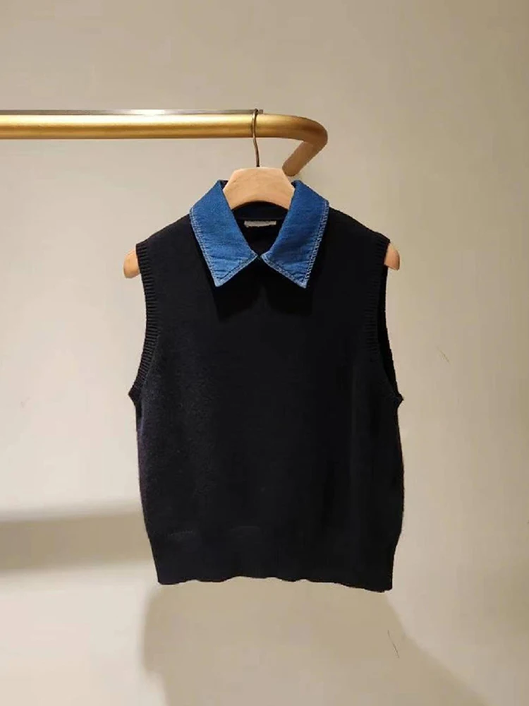 S Home South Oil-Chaleco de punto de retales de mezclilla para mujer, Top de gama alta para temporada de otoño, corte ajustado para ir al trabajo