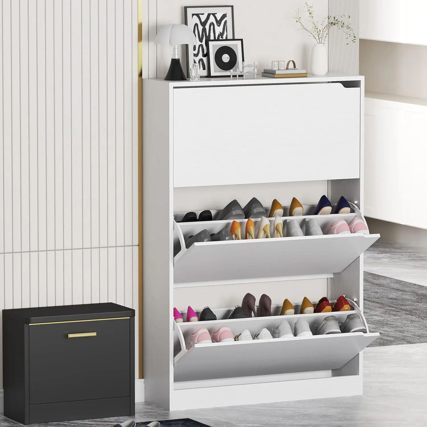 Shoe Cabinet Storage for Entryway, Slim 3-Tier Wood Rack with 3 Flip Drawers, Freestanding Shoe Organizer for Hallway, White