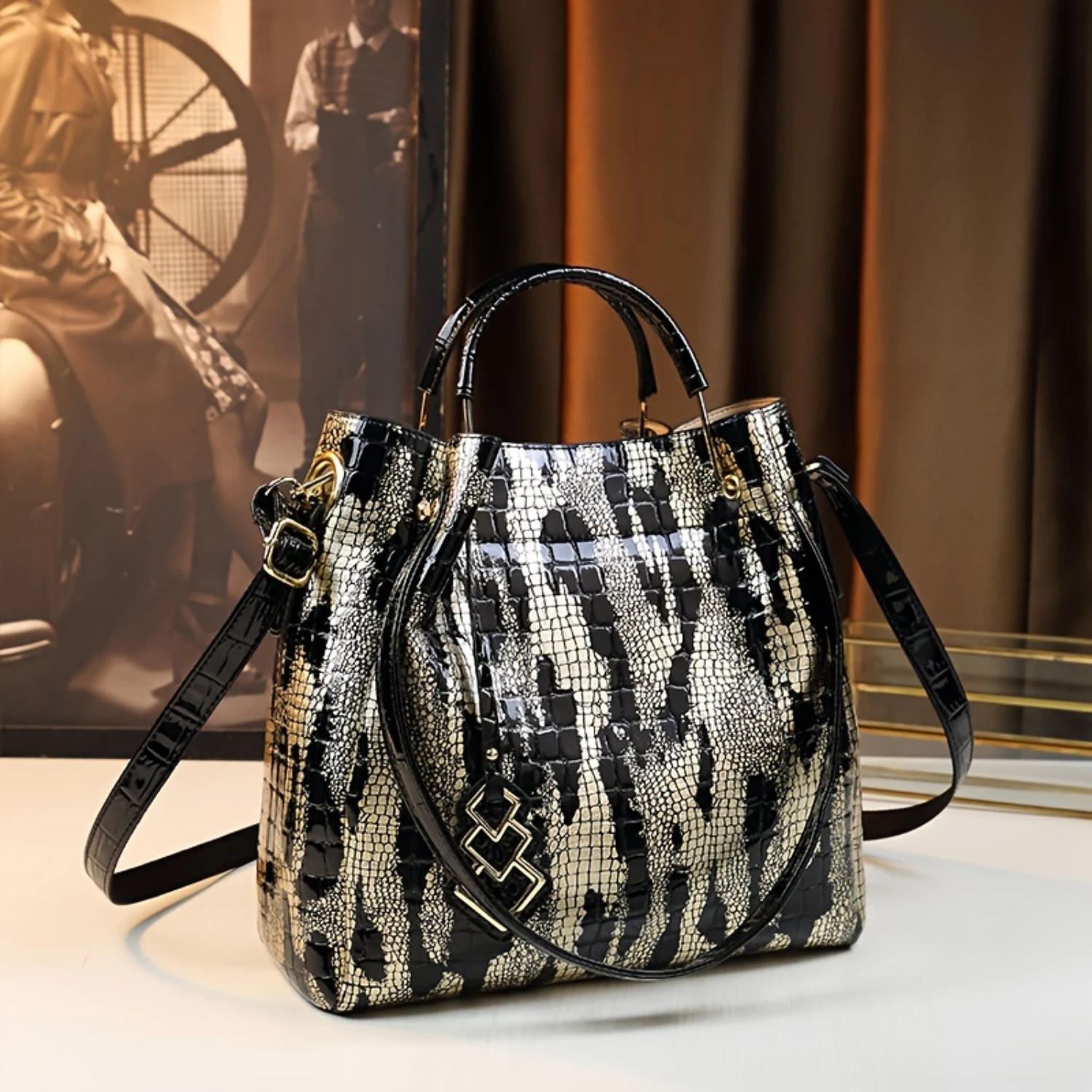 

Pattern Handbag, Fashion Glossy Crossbody Bag, Elegant Top Handle Purse For Women