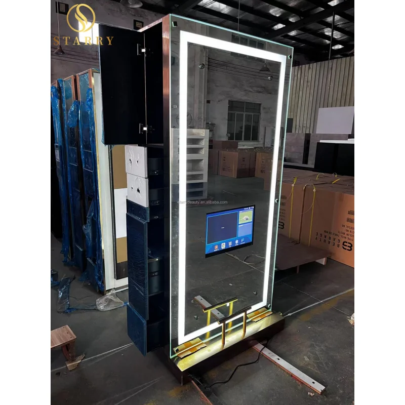 مخصص. محطات الحلاقة الذهبية المصنوعة من الفولاذ المقاوم للصدأ مزدوجة من جانب واحد LED محطة تصفيف مرآة صالون الشعر مع تلفزيون #2