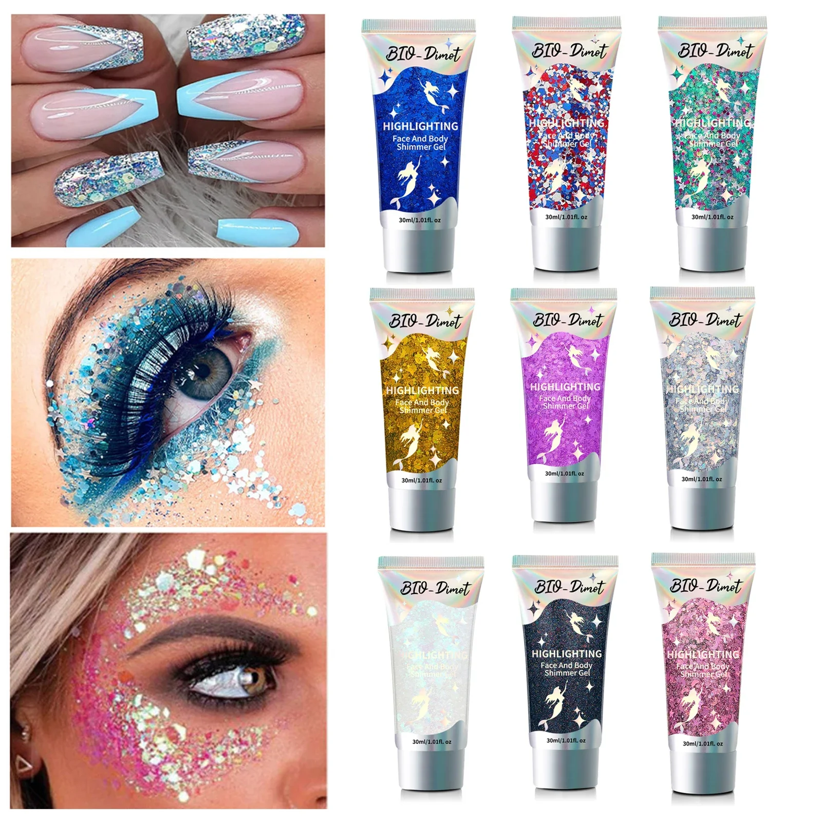 Mehrzweck-Sparkle-Creme 30 g – BIO-Dimot sprudelndes Schimmergel für Nägel, Augen, Haare, Wangen. Unverzichtbares Party- und Bühnenmake-up.